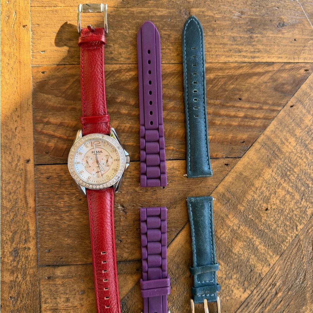 Fossil Red Leather Watch with Purple and Green Straps